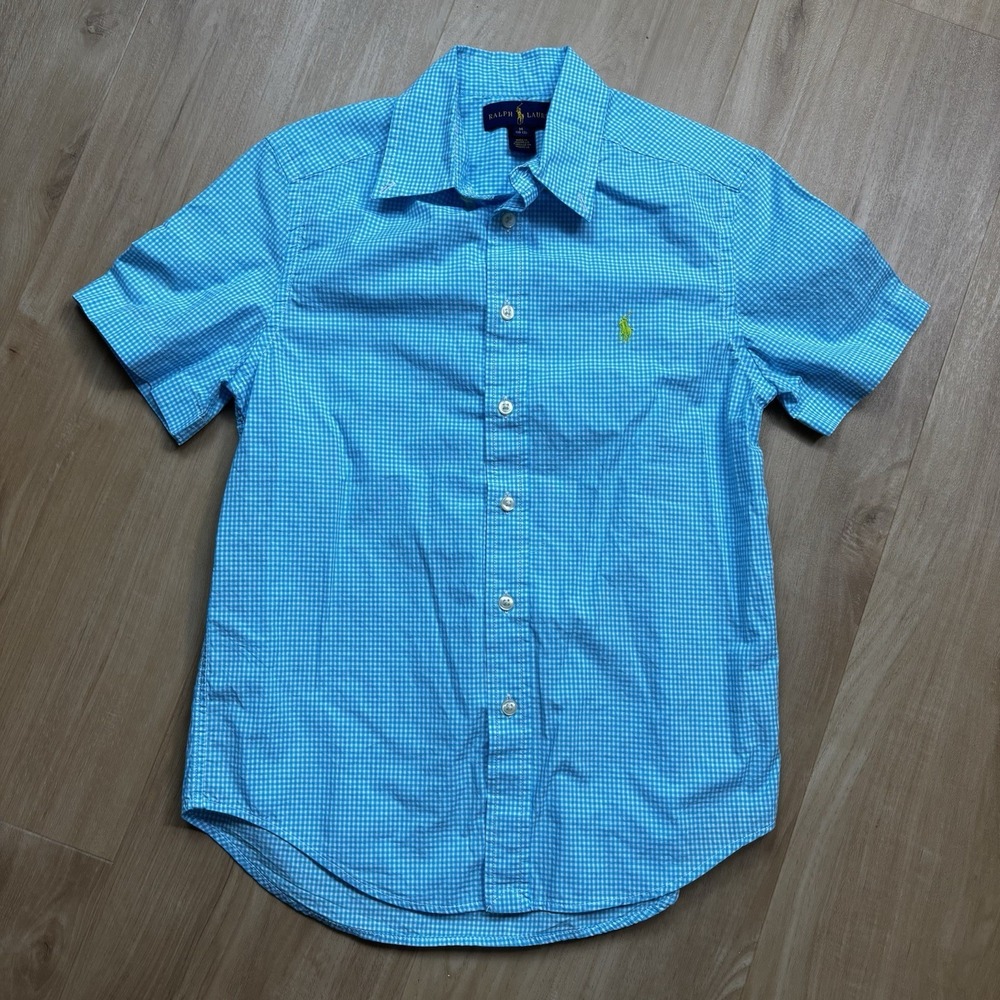 Ralph Lauren Button Down Short Sleeve Gingham Blue White M(10-12) Kids